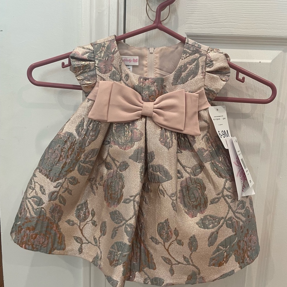 Bonnie Baby Floral Brocade Dress with Bow - Pink and Gray - 6-9 Months